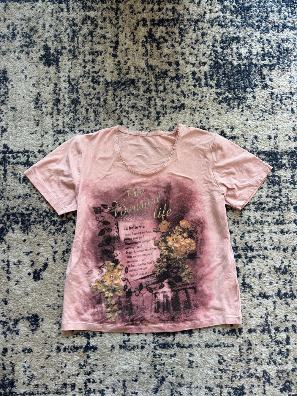Y2K France Pink Floral Short Sleeve Tee with Graphic Detail